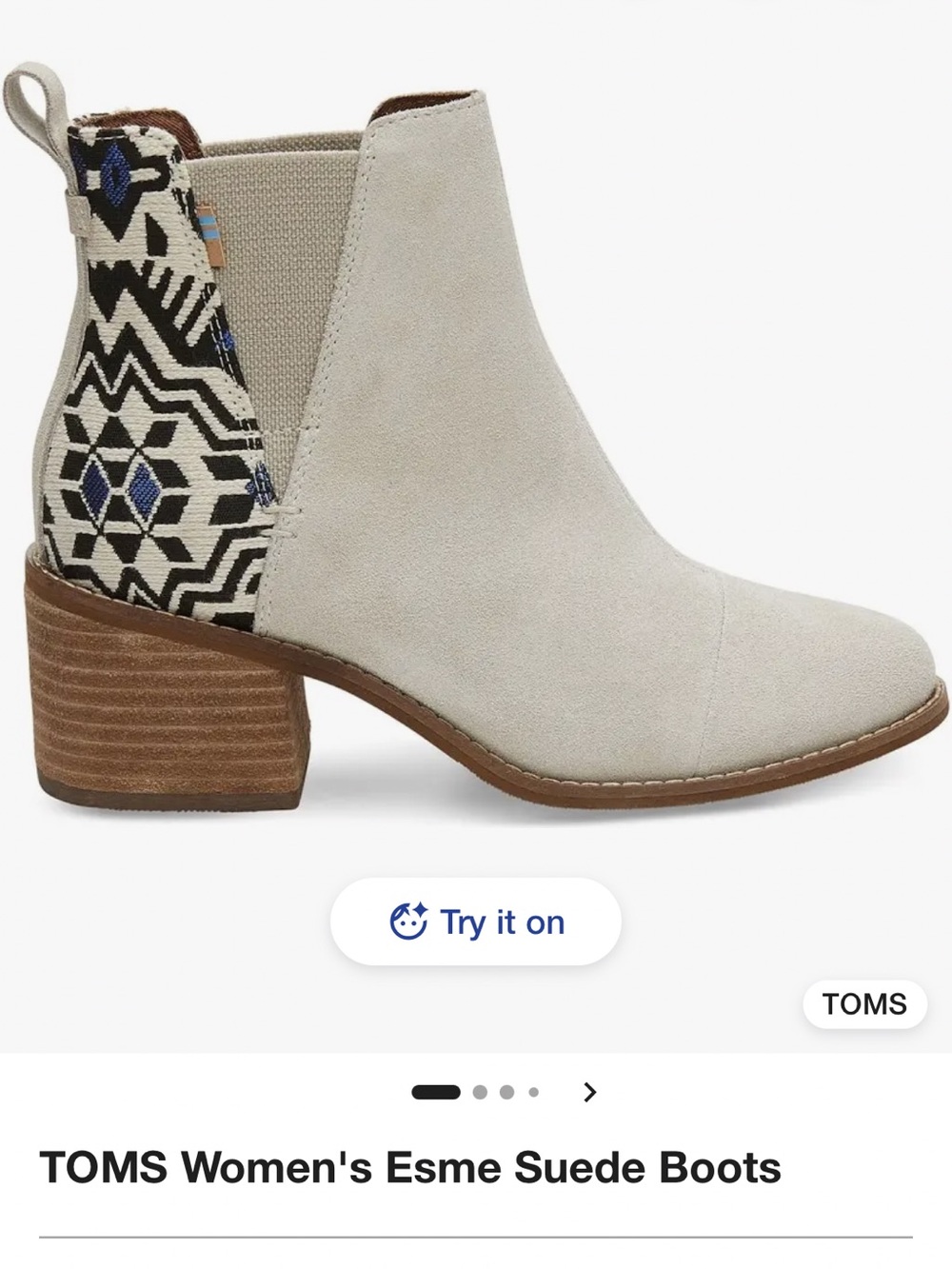 Toms Esme Suede Stacked Heel Chelsea Boots Cream/Jacquard Heel S 7.5 Good!